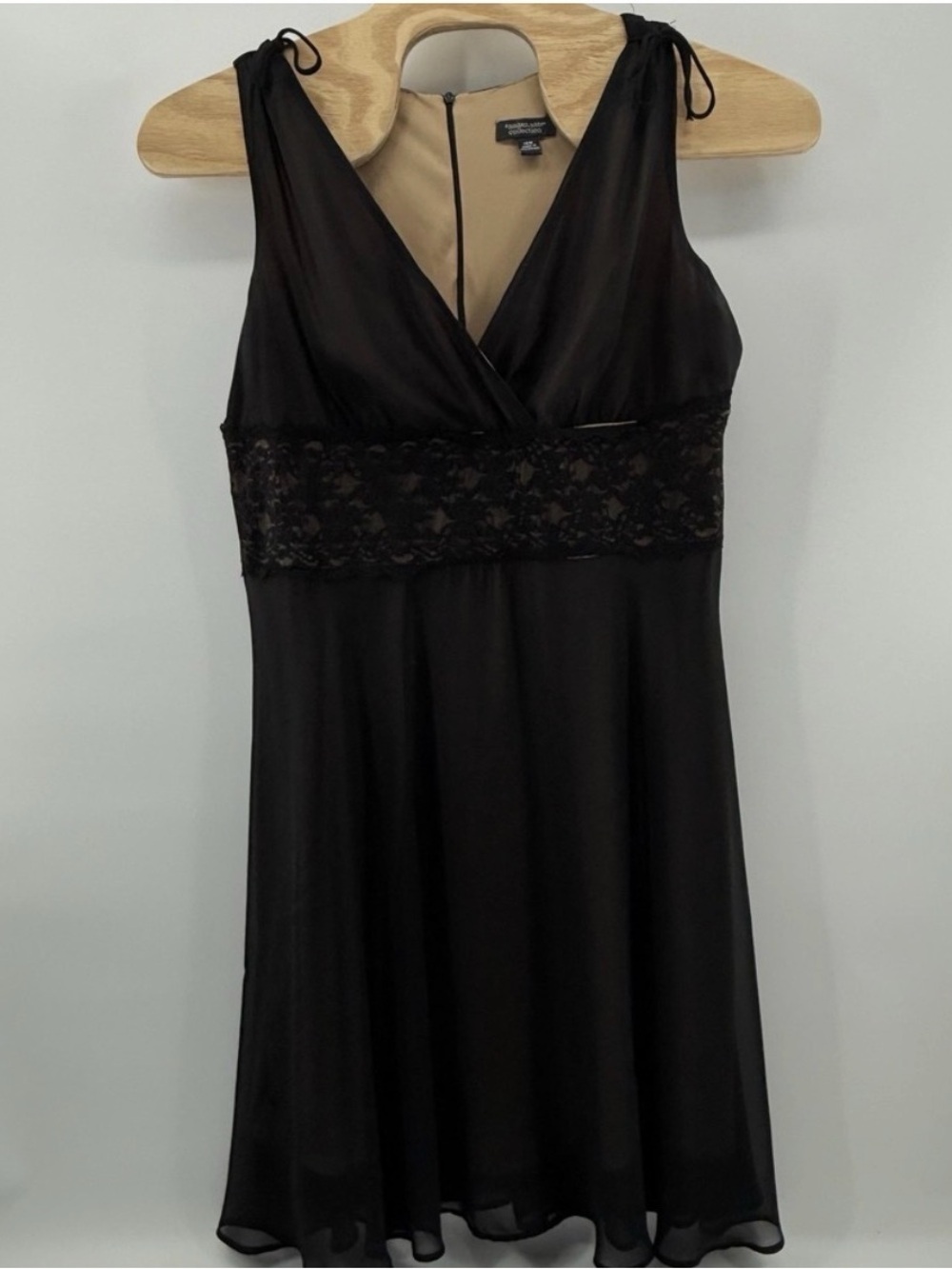 connected apparel Black Lace-Waist Sheer Chemise with Tie Straps